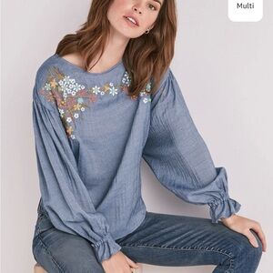 Lucky Brand Chambray Top with Floral Embroidery